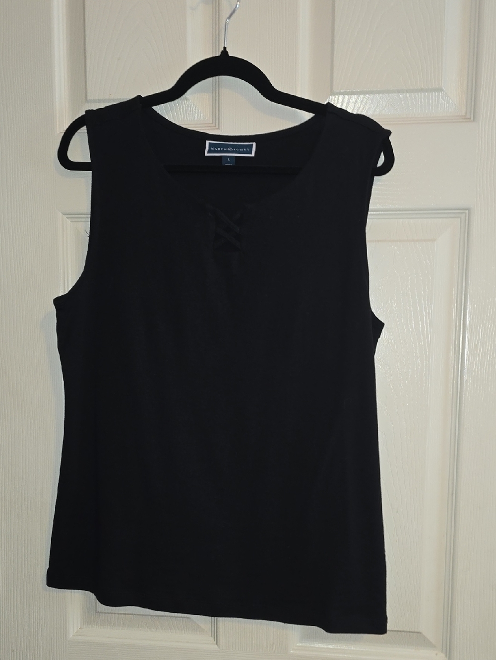 Karen Scott Black Sleeveless Tank with V-Neck Lace-Up Detail